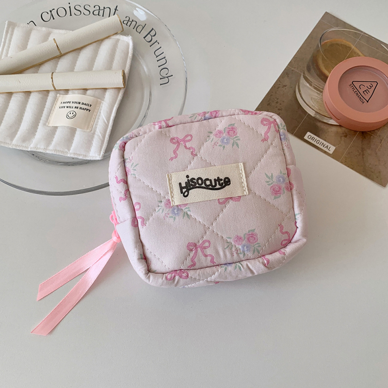 Geantă cosmetică cu funda, mică și portabilă, pentru produse de îngrijire, buzunar pentru monede și depozitare pentru ruj