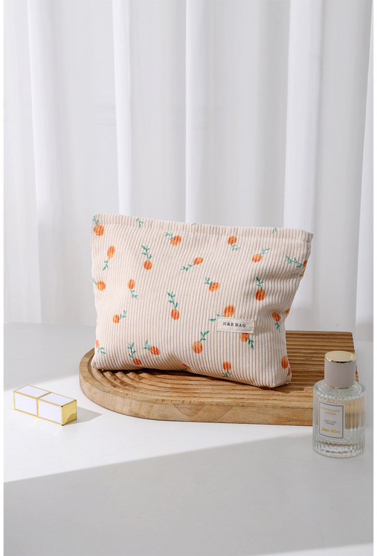 Geantă cosmetică corduroy cu model floral, portabilă, spațiu mare pentru rujuri și pensule