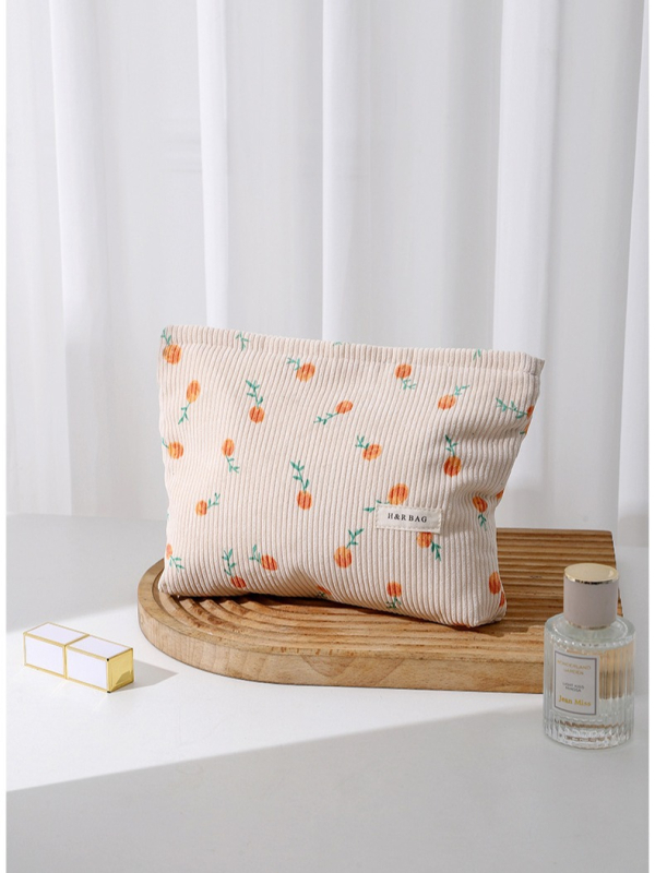 Geantă cosmetică corduroy cu model floral, portabilă, spațiu mare pentru rujuri și pensule