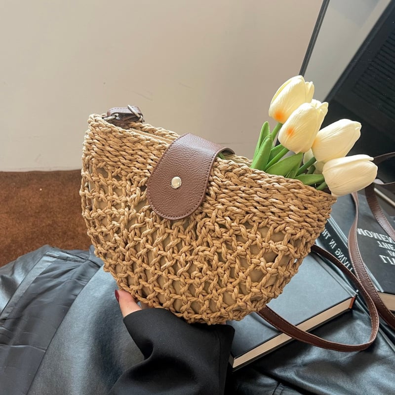 Geantă de vară din răchită țesută, crossbody, stil șa, pentru plajă