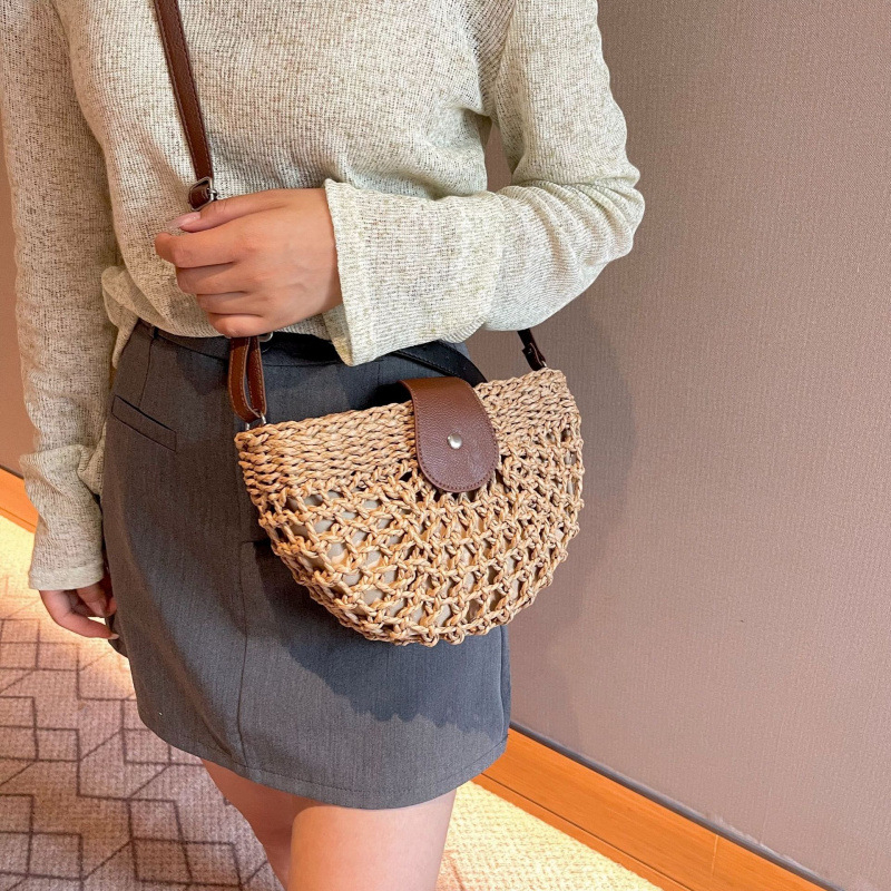 Geantă de vară din răchită țesută, crossbody, stil șa, pentru plajă