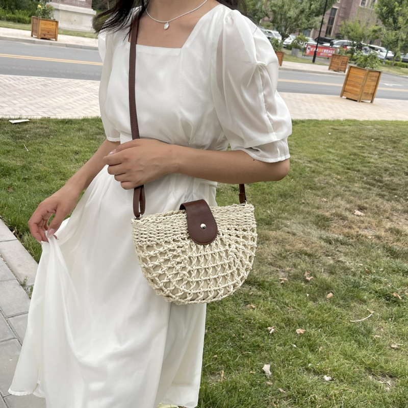 Geantă de vară din răchită țesută, crossbody, stil șa, pentru plajă