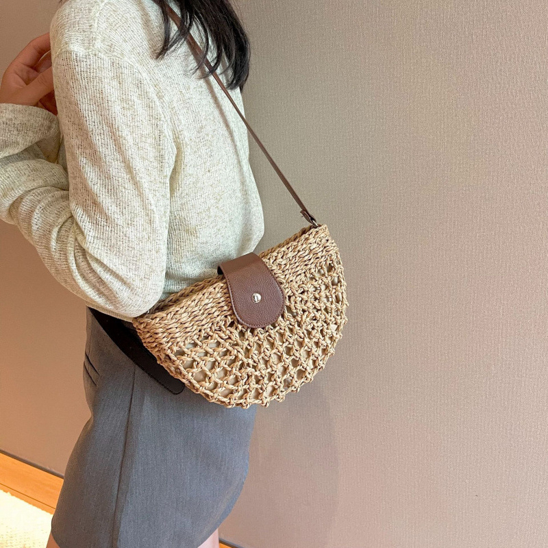 Geantă de vară din răchită țesută, crossbody, stil șa, pentru plajă