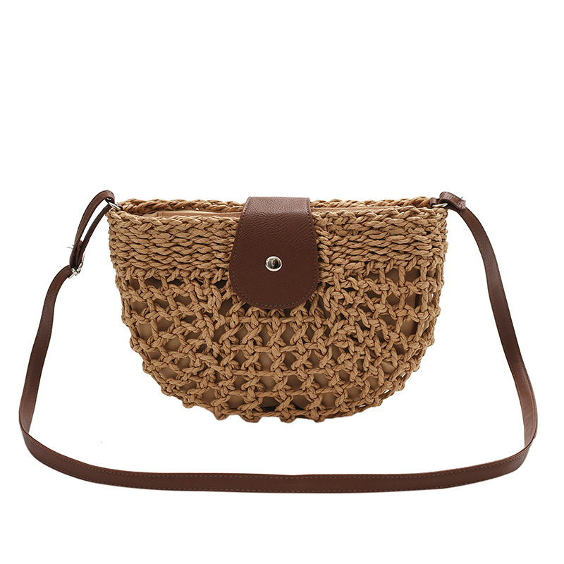 Geantă de vară din răchită țesută, crossbody, stil șa, pentru plajă