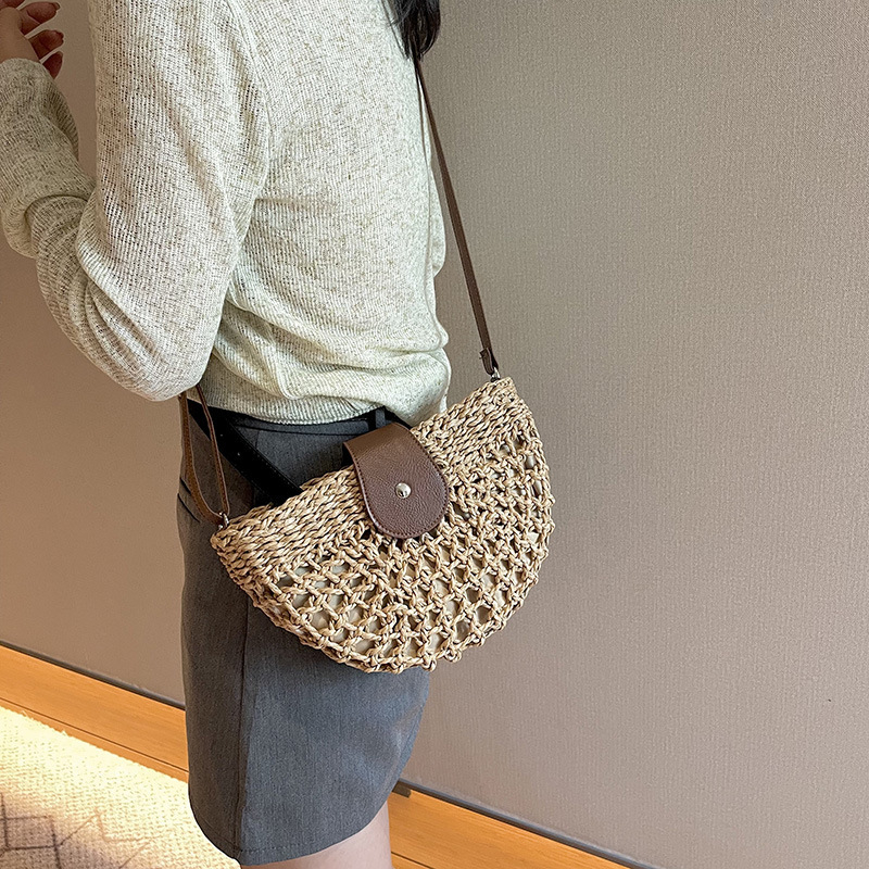 Geantă de vară din răchită țesută, crossbody, stil șa, pentru plajă