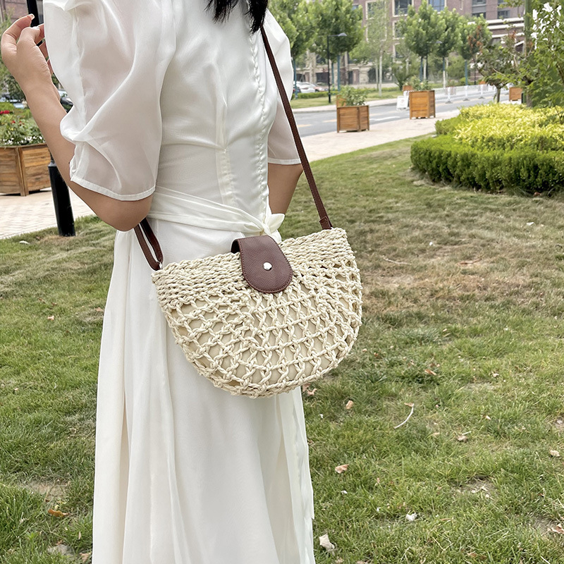 Geantă de vară din răchită țesută, crossbody, stil șa, pentru plajă