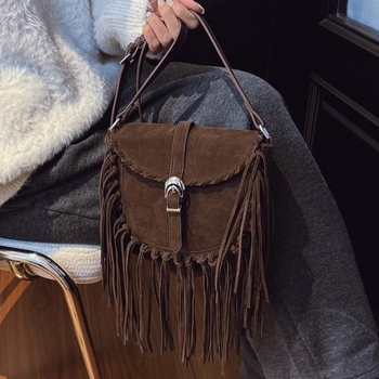 Geantă satchel din piele de vită mată, cu ciucuri, pentru femei, mini crossbody, maro