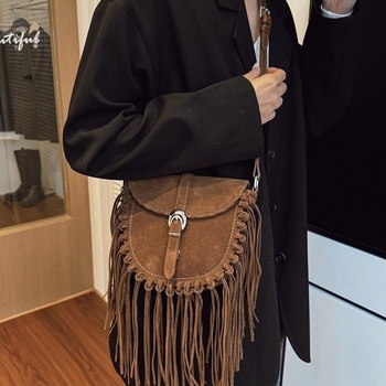 Geantă satchel din piele de vită mată, cu ciucuri, pentru femei, mini crossbody, maro