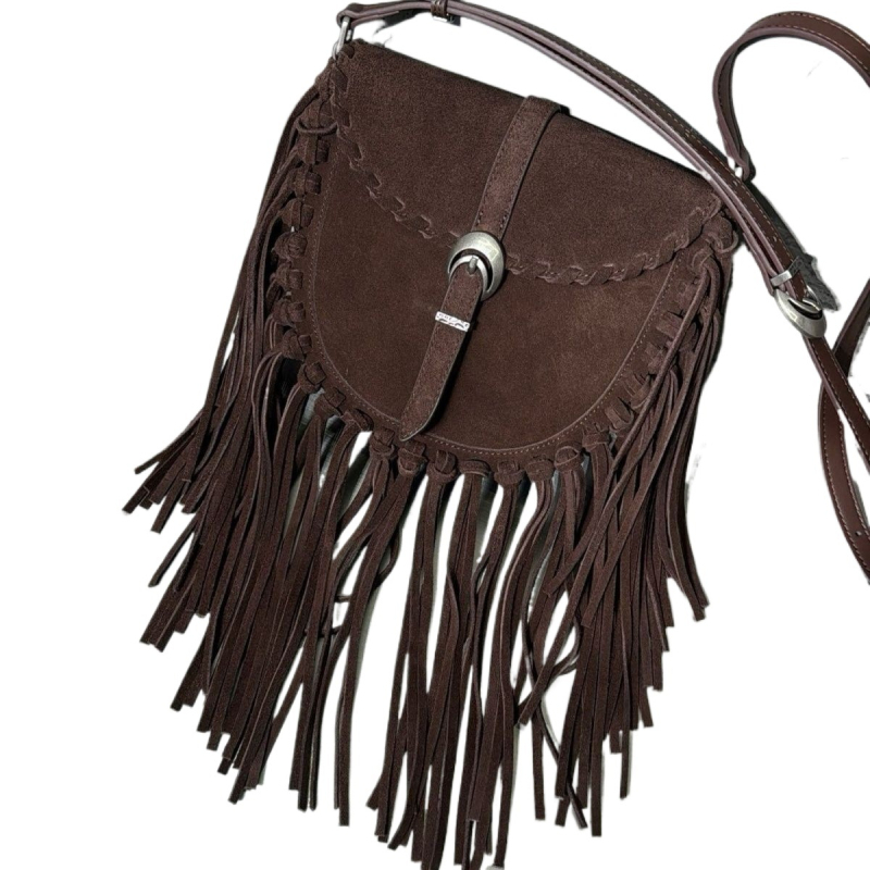 Geantă satchel din piele de vită mată, cu ciucuri, pentru femei, mini crossbody, maro