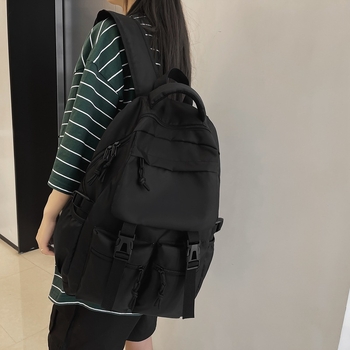 Rucsac din nylon, unisex, inspirat Harajuku Ulzzang, negru, stil street, 20–35 L, compatibil cu laptop de 16 inchi, utilizare zilnică