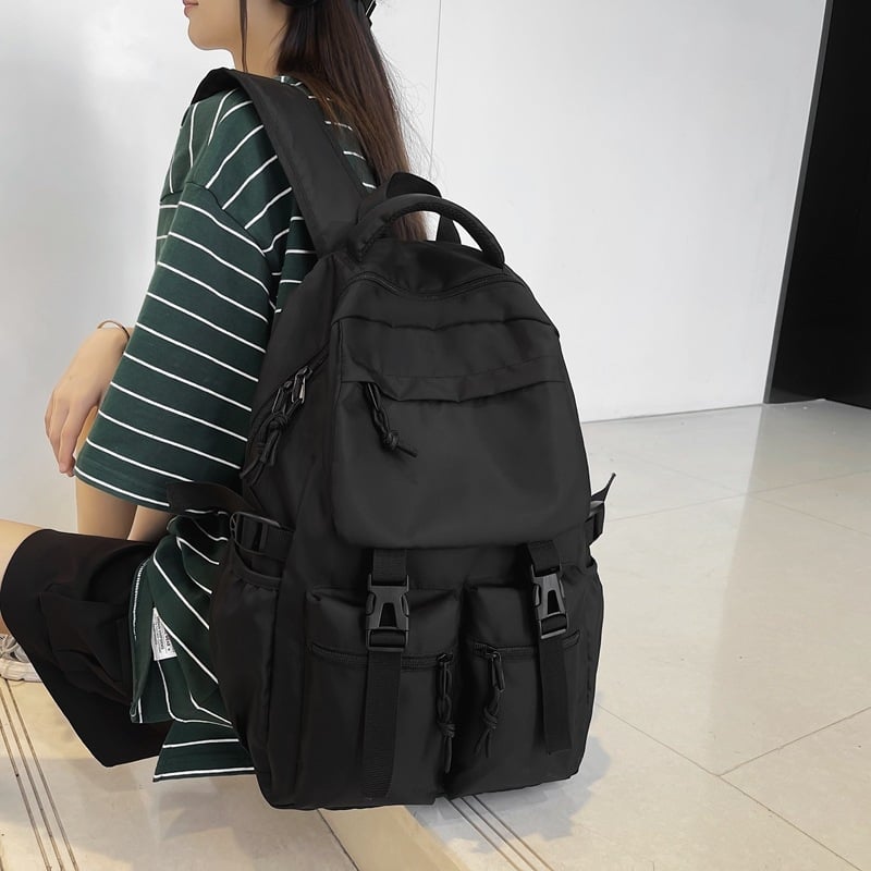 Rucsac din nylon, unisex, inspirat Harajuku Ulzzang, negru, stil street, 20–35 L, compatibil cu laptop de 16 inchi, utilizare zilnică