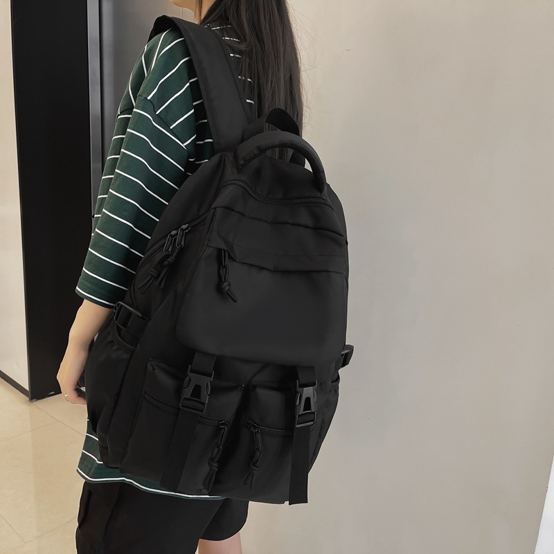 Rucsac din nylon, unisex, inspirat Harajuku Ulzzang, negru, stil street, 20–35 L, compatibil cu laptop de 16 inchi, utilizare zilnică