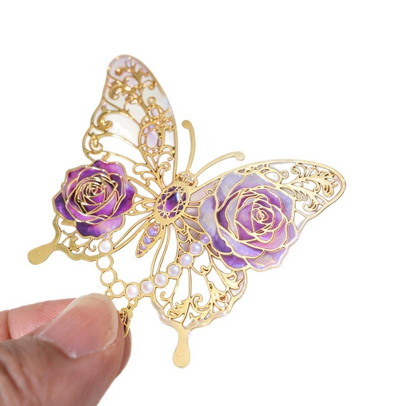 Semn de carte metalic, transparent, în formă de fluture, design delicat decupat, cadou colorat cultural și creativ, clip pentru pagini.