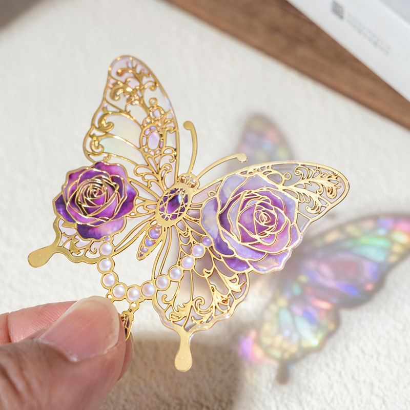 Semn de carte metalic, transparent, în formă de fluture, design delicat decupat, cadou colorat cultural și creativ, clip pentru pagini.