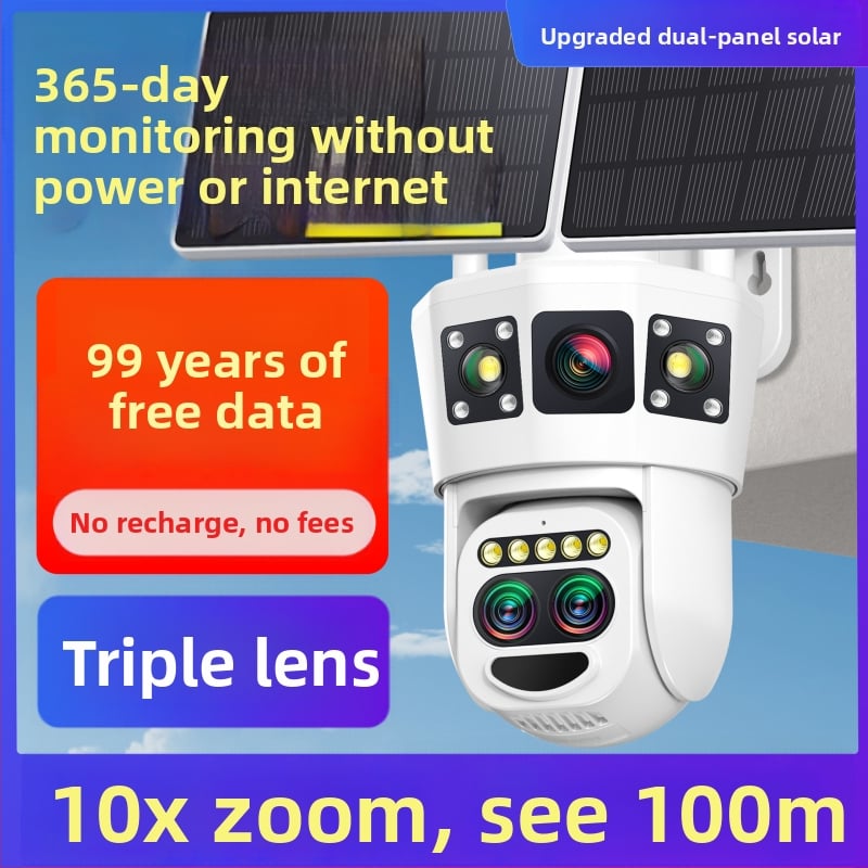 Cameră de supraveghere solară cu monitor HD cu trei vizualizări, pentru exterior