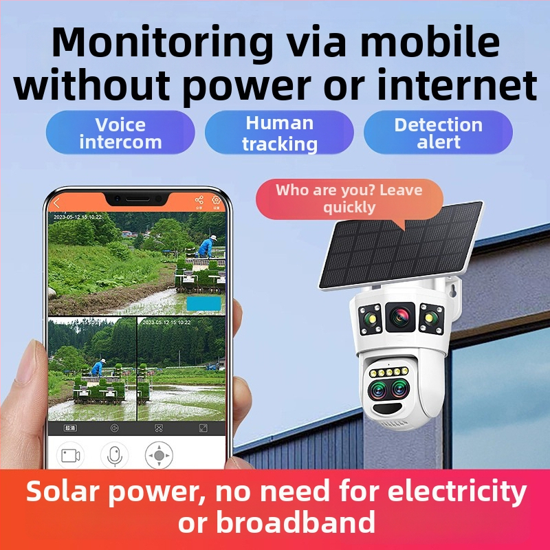 Cameră de supraveghere solară cu monitor HD cu trei vizualizări, pentru exterior