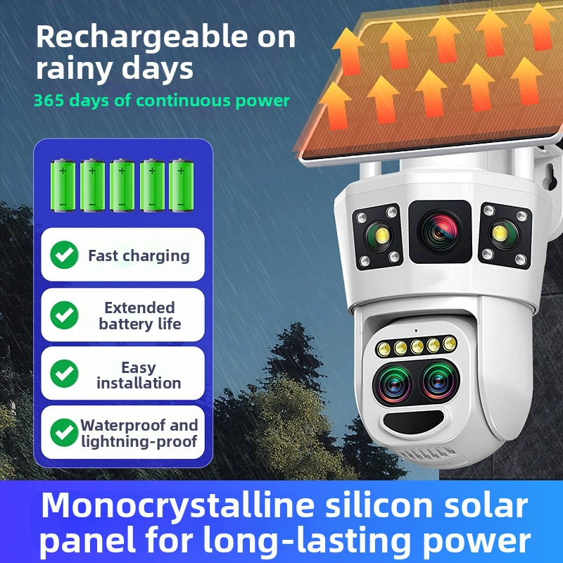 Cameră de supraveghere solară cu monitor HD cu trei vizualizări, pentru exterior