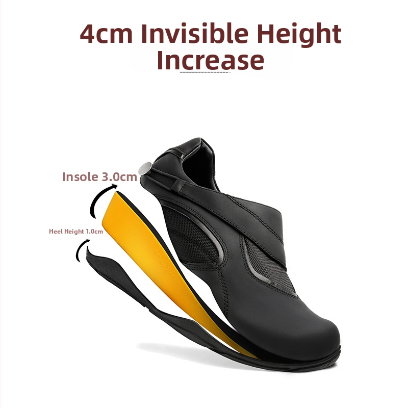 4 cm-es magasságnövelő slip-on férfi edzőcipő, német stílusú, kültéri, mindennapi, fekete