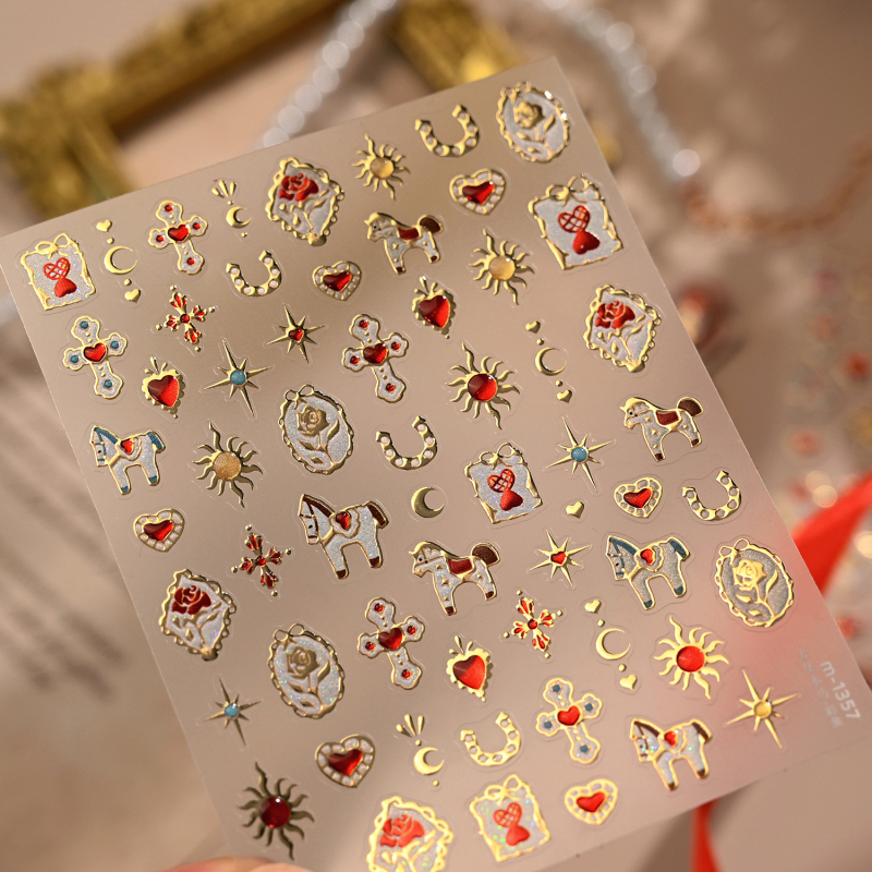Iron-Like unghii cu design pentru Anul Nou – palat roz inimă, M1357, lux ușor retro, autocolante adezive pentru unghii cu ponei