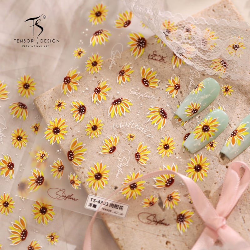 TS4303 Foițe decorative pentru unghii cu floarea-soarelui – energie de vară, stil pădure blând, pentru unghii zilnice versatile