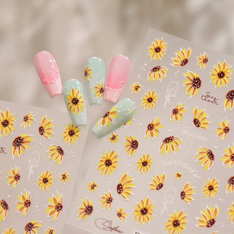 TS4303 Foițe decorative pentru unghii cu floarea-soarelui – energie de vară, stil pădure blând, pentru unghii zilnice versatile