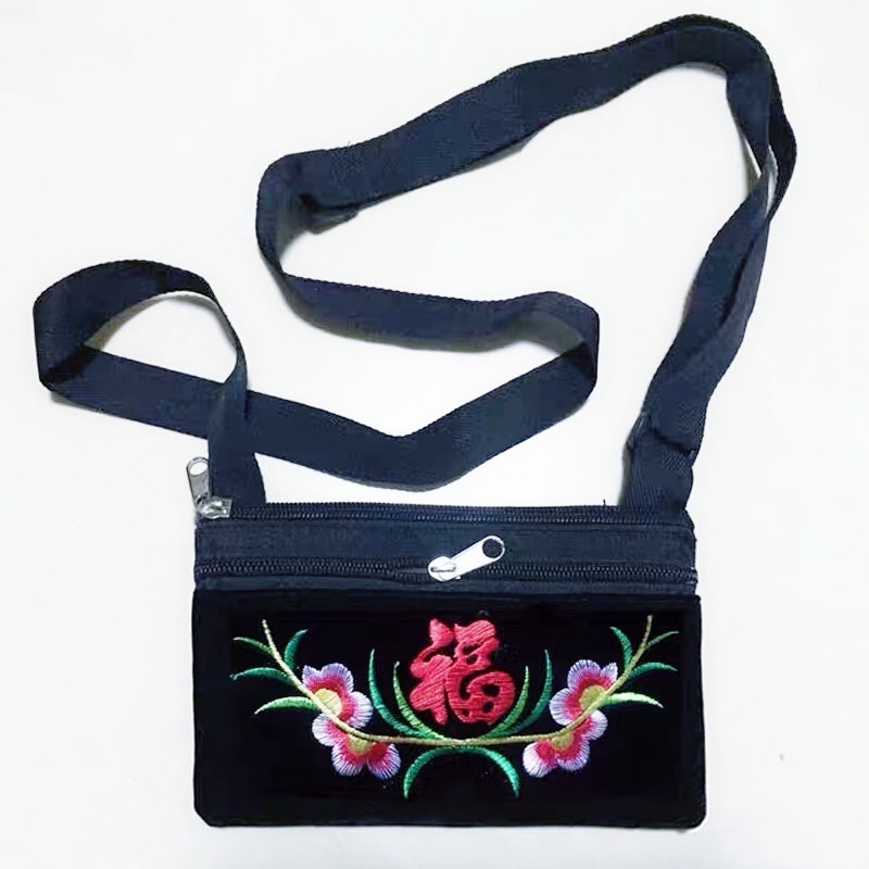Geantă brodată etnic pentru femei, umăr și crossbody, broderie etnică din Yunnan, buzunar pentru telefon și portofel