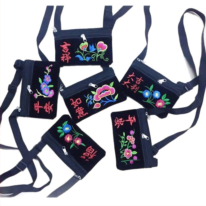 Dámska etnická vyšívaná kabelka, strih cez rameno a crossbody, výšivka Yunnan, vrecko na telefón a peňaženka na mince
