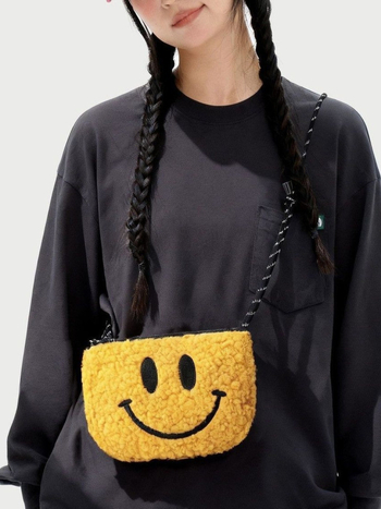 Geantă crossbody din pluș cu față zâmbitoare și ochi mari, mică geantă casual pentru telefon, pentru femei