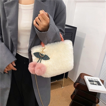 Geantă de pluș cu curea de lanț, mică, pătrată, în stil bucket crossbody