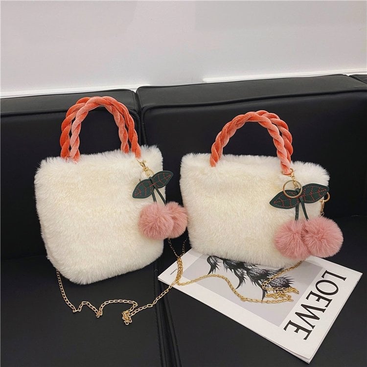 Geantă de pluș cu curea de lanț, mică, pătrată, în stil bucket crossbody