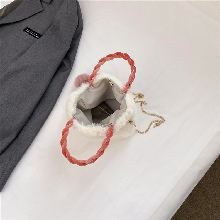Geantă de pluș cu curea de lanț, mică, pătrată, în stil bucket crossbody