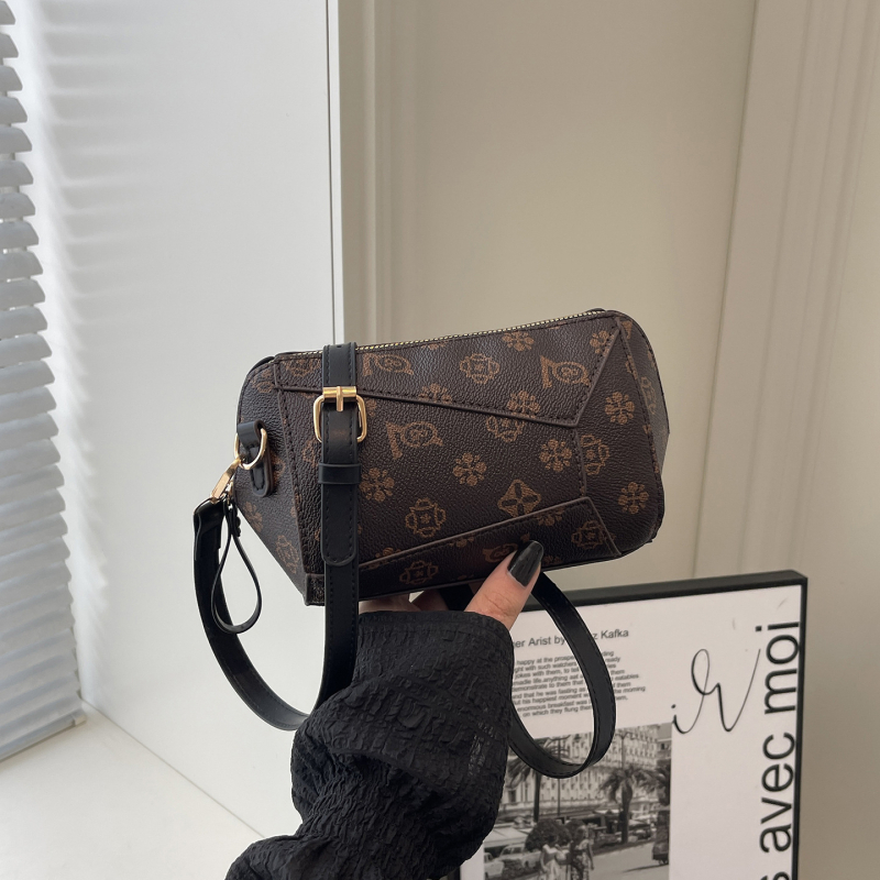 Geantă mică crossbody din PU pentru femei, model geometric, stil vintage casual, formă orizontală pătrată, închidere cu fermoar, buzunar intern pentru telefon