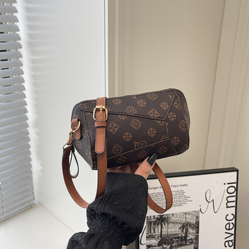 Geantă mică crossbody din PU pentru femei, model geometric, stil vintage casual, formă orizontală pătrată, închidere cu fermoar, buzunar intern pentru telefon