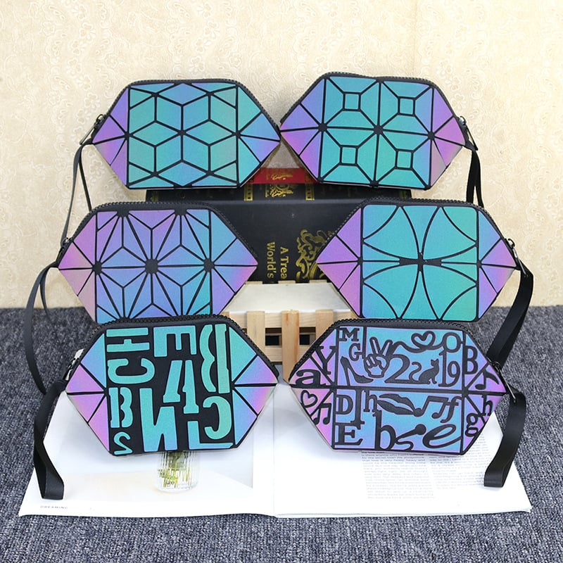 Geantă de makeup mini pliabilă, cu model geometric romb și culoare care se schimbă – clutch pentru femei