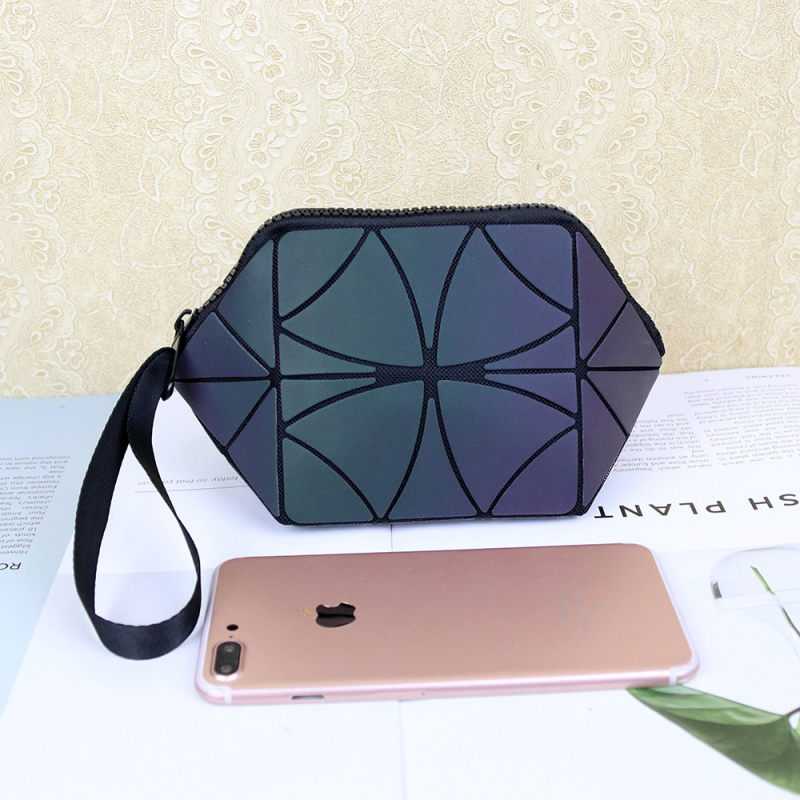 Geantă de makeup mini pliabilă, cu model geometric romb și culoare care se schimbă – clutch pentru femei