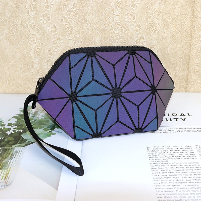 Geantă de makeup mini pliabilă, cu model geometric romb și culoare care se schimbă – clutch pentru femei