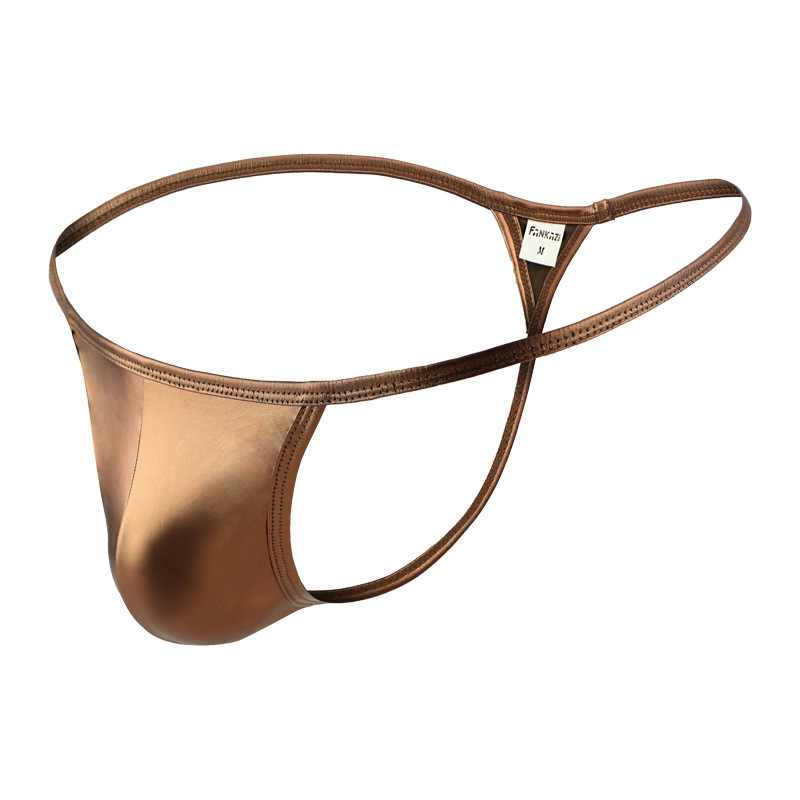 String bărbătesc sexy din nylon și mătase de gheață, talie joasă, cupă în formă de U, aspect piele sintetică