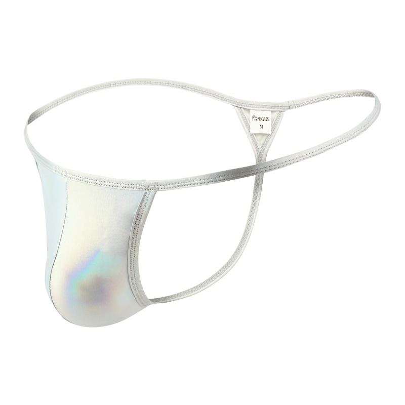 String bărbătesc sexy din nylon și mătase de gheață, talie joasă, cupă în formă de U, aspect piele sintetică