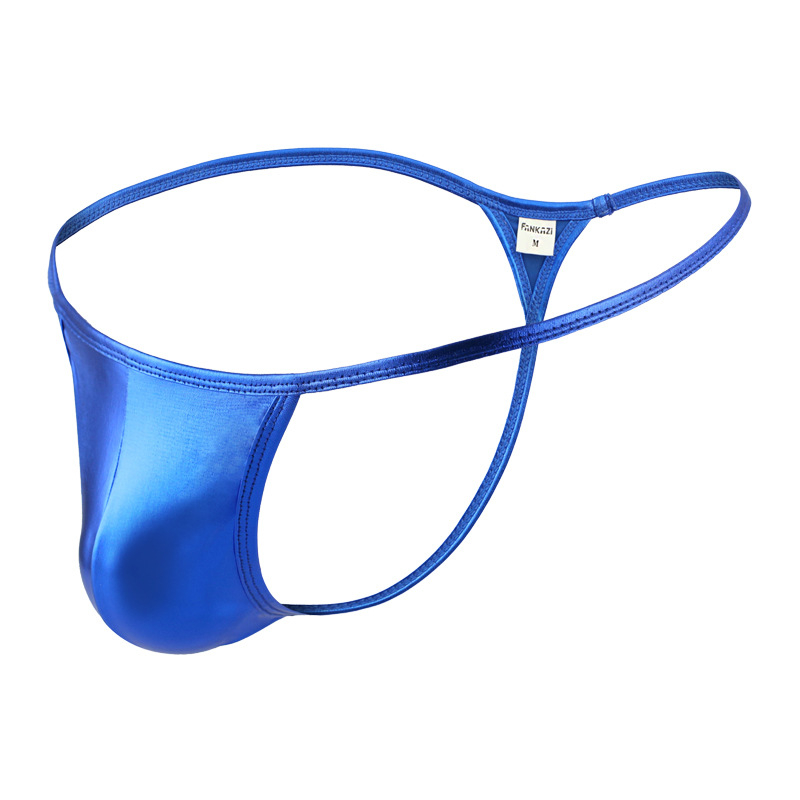 String bărbătesc sexy din nylon și mătase de gheață, talie joasă, cupă în formă de U, aspect piele sintetică