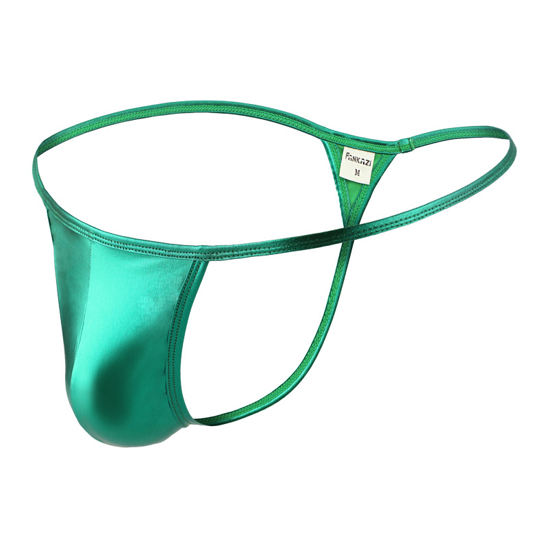 String bărbătesc sexy din nylon și mătase de gheață, talie joasă, cupă în formă de U, aspect piele sintetică