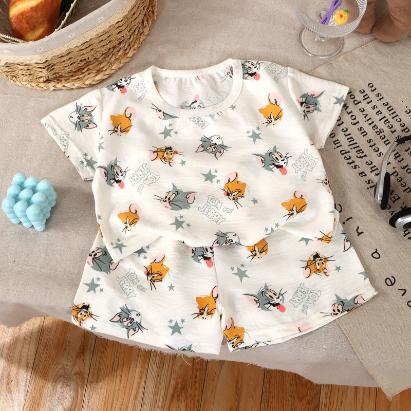 Set de haine de casă pentru copii, tricou cu mânecă scurtă și pantaloni scurți, stil desen animat, primăvară-vară 2026, unisex, drăguț și răcoros.