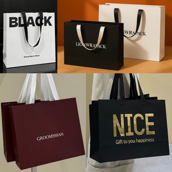 Geantă personalizată de cadouri și cumpărături cu folie aurie, sacoșă din carton alb 250 g pentru magazine de îmbrăcăminte