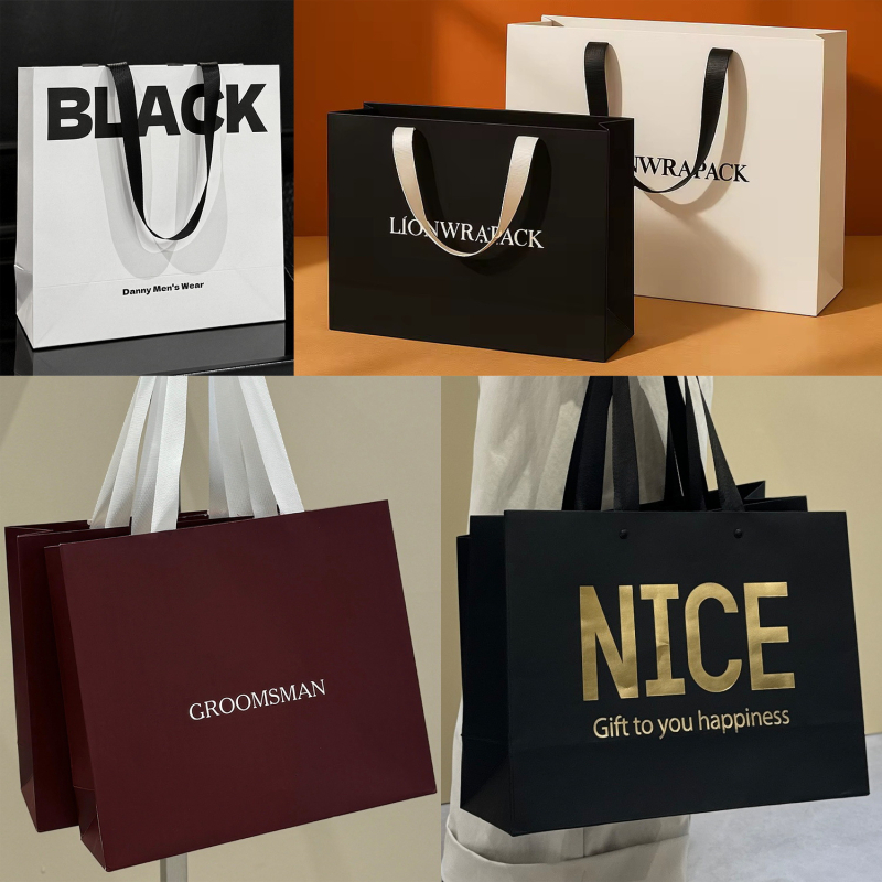 Geantă personalizată de cadouri și cumpărături cu folie aurie, sacoșă din carton alb 250 g pentru magazine de îmbrăcăminte