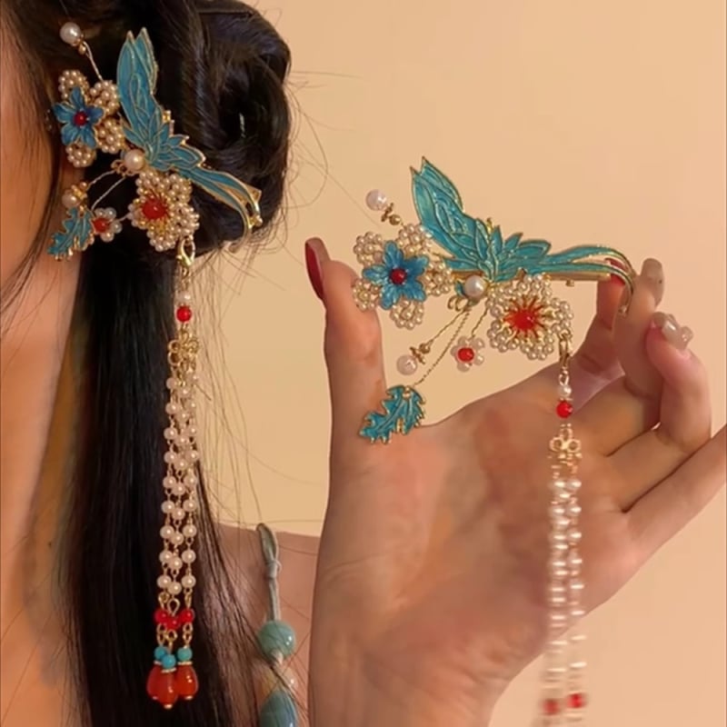 Clip de păr cu email în stil chinezesc pentru femei, accesorii Hanfu cu ciucuri, ornament Mamianqun pentru păr, clips lateral pentru qipao