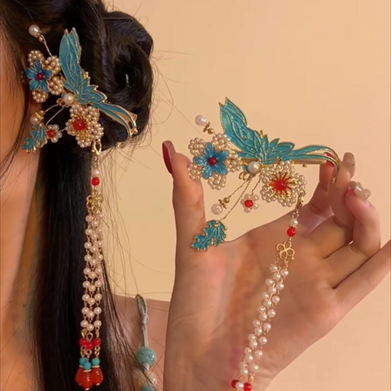 Clip de păr cu email în stil chinezesc pentru femei, accesorii Hanfu cu ciucuri, ornament Mamianqun pentru păr, clips lateral pentru qipao