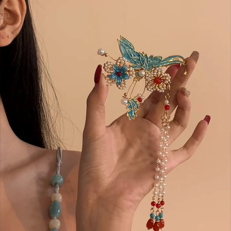 Clip de păr cu email în stil chinezesc pentru femei, accesorii Hanfu cu ciucuri, ornament Mamianqun pentru păr, clips lateral pentru qipao
