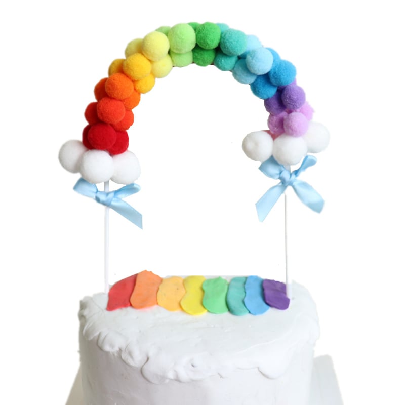 Steag pentru tort cu arc curcubeu și pomponuri pufoase pentru decor de ziua de naștere