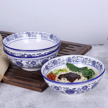 Kék-fehér porcelán mélytál, nagy kerámia tál ramenhez és nudlihoz, kínai retró stílus