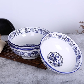 Kék-fehér porcelán mélytál, nagy kerámia tál ramenhez és nudlihoz, kínai retró stílus