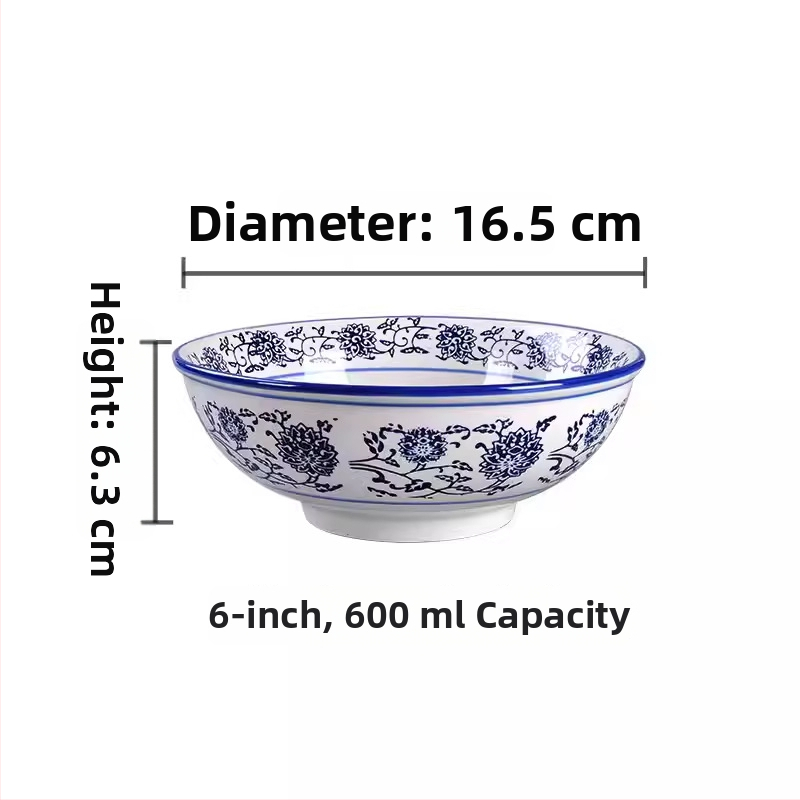 Kék-fehér porcelán mélytál, nagy kerámia tál ramenhez és nudlihoz, kínai retró stílus